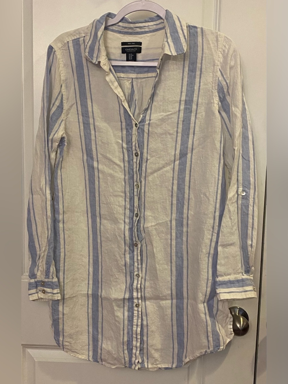 Jones & Co NY Long Sleeve Button Up Shirt Dress Sz M White w/Blue Stripes Linen